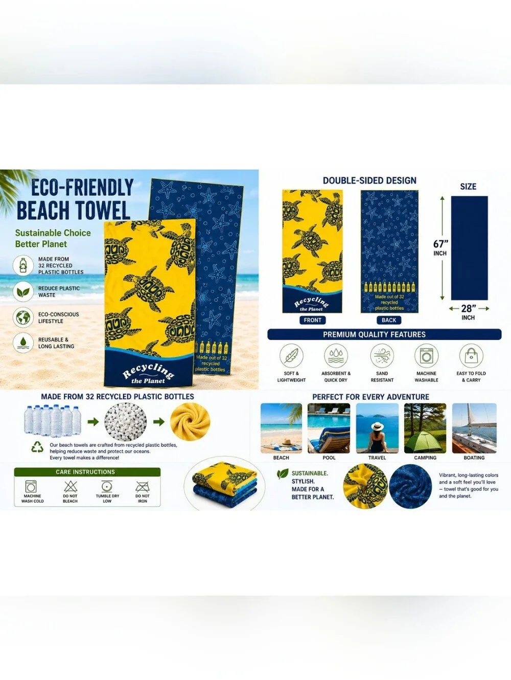 Eco-Friendly  Beach Towel Double-Sided Design |Soft Quick-Dry| Sand Proof 3 PACK